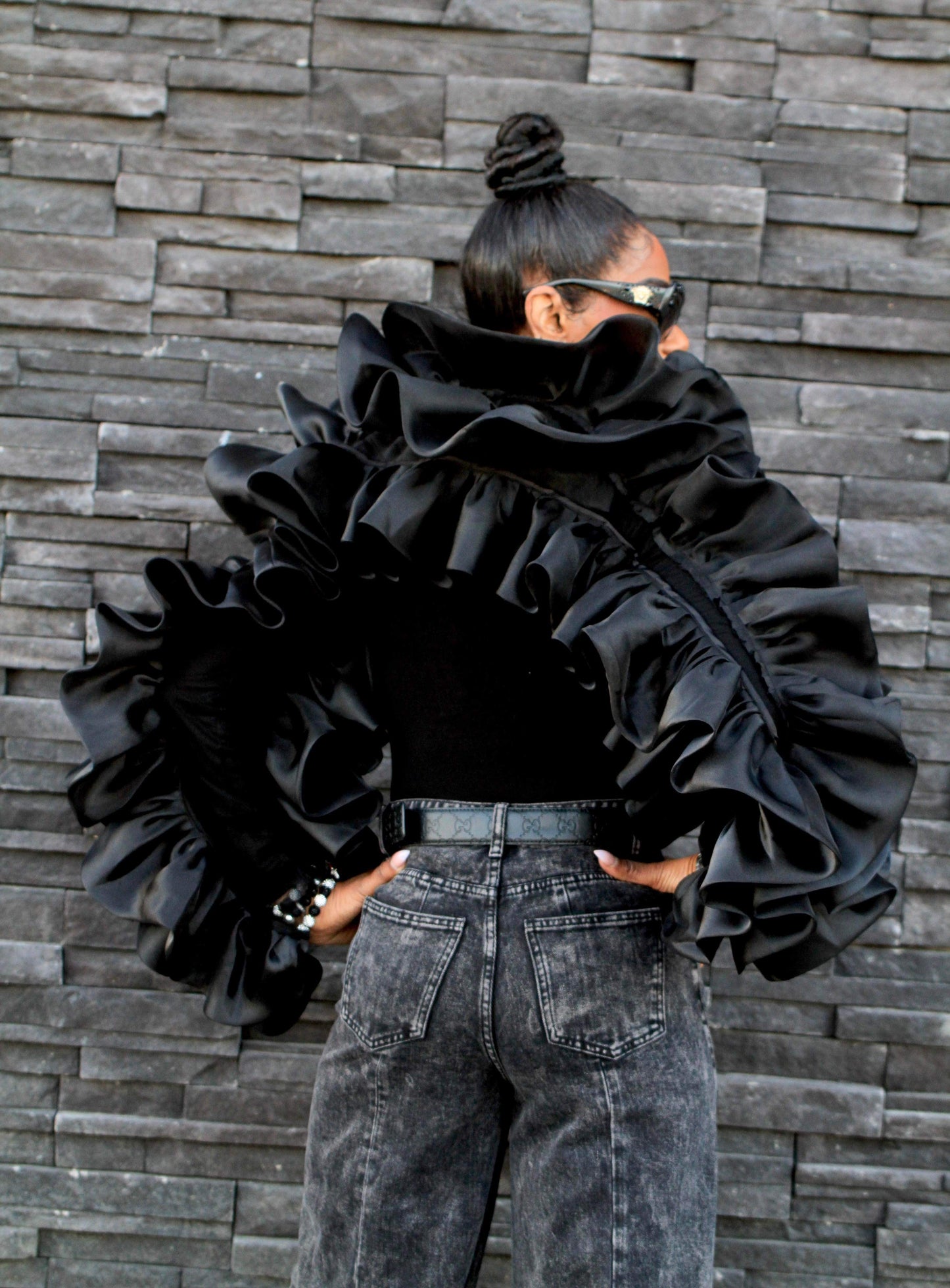 Black ruffle crop top