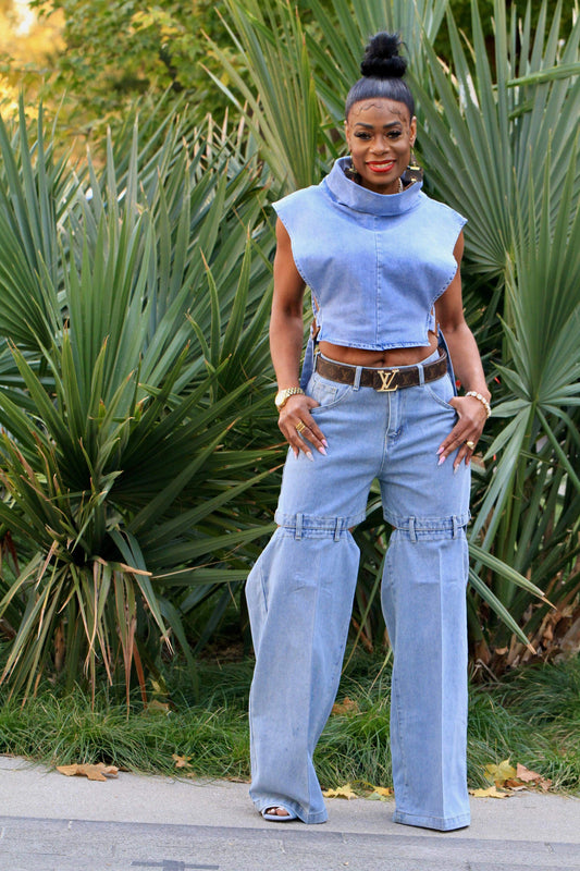 Short me demim jeans.  Paired with the side buckle crop top.  I. Stock ready to ship