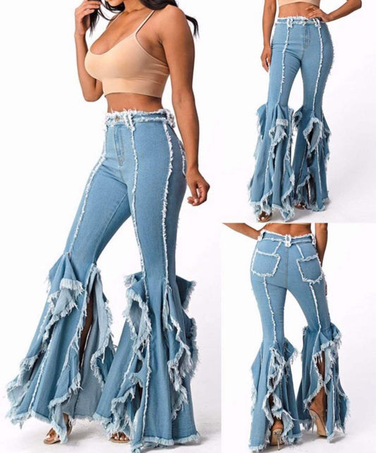 Denim ruffle bell bottom jeans