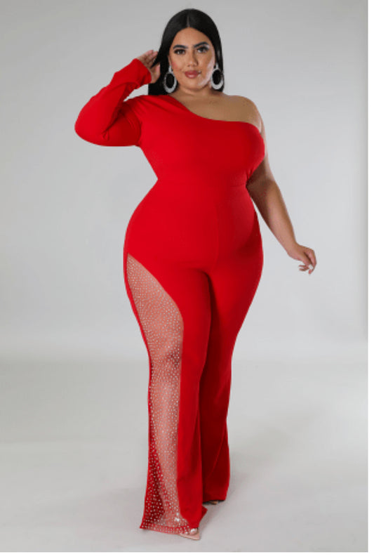 Red thigh high shimmer jumpsuit